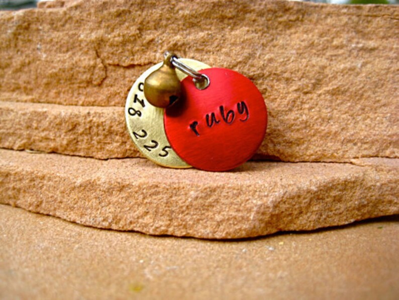 The Ruby 035 Unique Red Brass Bell Pet ID Tag Brass Small Dog Cat Handstamped image 2