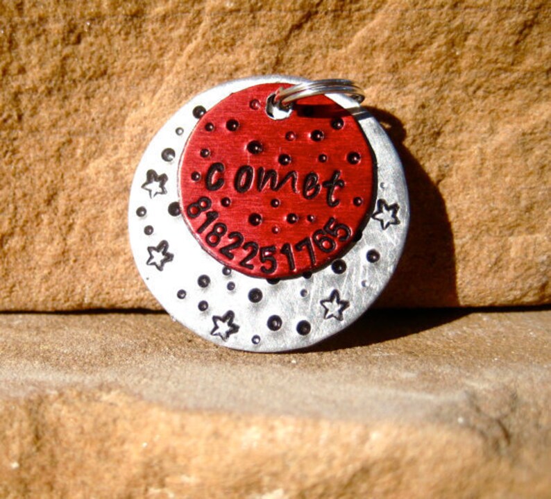The Comet 093 Unique Handstamped Pet ID Tag Red Silver Aluminum Galaxy Dogs image 2