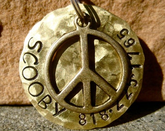 The Scooby (#069) - Hammered Distressed Peace Pet ID Tag Dog Brass