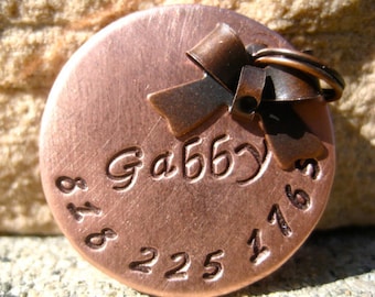 The Gabby (#041)- Antique Copper Bow Pet ID Tag Small Dog Cat Feminine Unique Handstamped