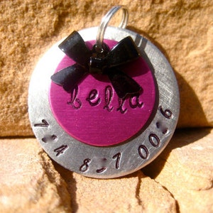 The Bella 028 Unique Handstamped Pet ID Tag Layered 2 Disc Bow Dogs image 4