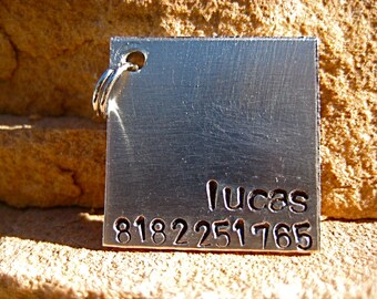 The Lucas (#022) - Unique Handstamped Pet ID Tag Aluminum Mini Square Small Dog Cat