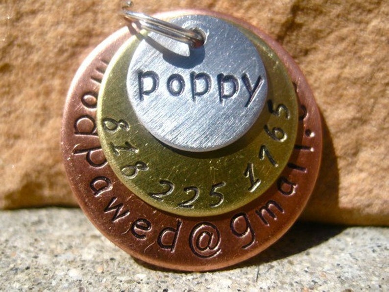 The Poppy 026 Unique Handstamped Pet ID Email Tag Layered 3 Disc Dogs image 2