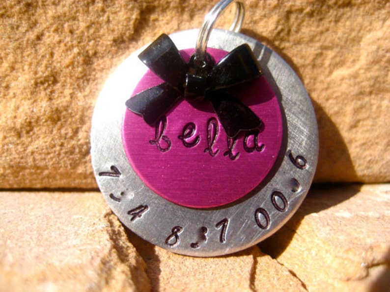 The Bella 028 Unique Handstamped Pet ID Tag Layered 2 Disc Bow Dogs image 1