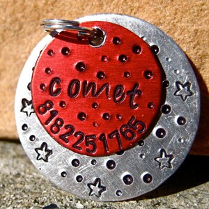 The Comet 093 Unique Handstamped Pet ID Tag Red Silver Aluminum Galaxy Dogs image 1