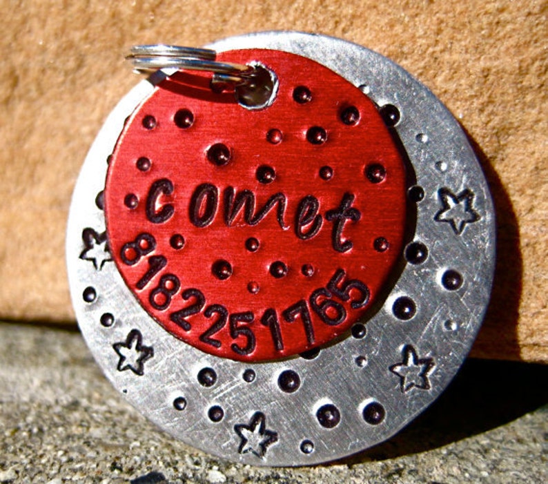 The Comet 093 Unique Handstamped Pet ID Tag Red Silver Aluminum Galaxy Dogs image 1