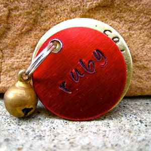 The Ruby 035 Unique Red Brass Bell Pet ID Tag Brass Small Dog Cat Handstamped image 3