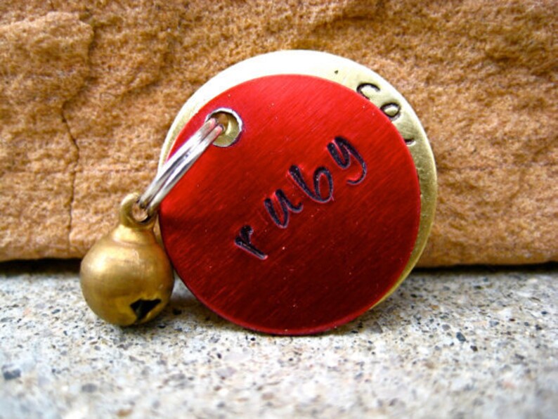 The Ruby 035 Unique Red Brass Bell Pet ID Tag Brass Small Dog Cat Handstamped image 3