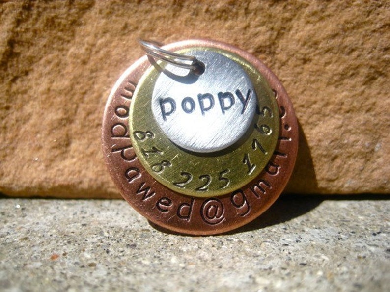 The Poppy 026 Unique Handstamped Pet ID Email Tag Layered 3 Disc Dogs image 4