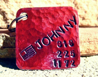 The Johnny (#104) - Red Square Distressed Hammered Unique Handstamped Pet ID Tag