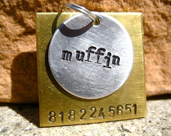 The Muffin (#018) - Unique Handstamped Pet ID Tag Layered 2 Disc Square Circle Dogs