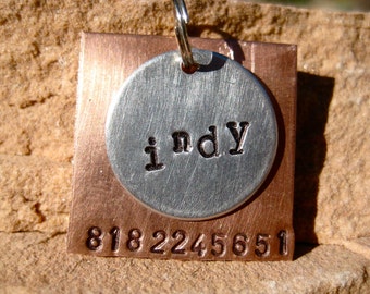 The Indy (#012) - Unique Handstamped Pet ID Tag Layered 2 Disc Square Circle Dogs