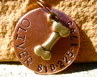 The Oliver (#048) - Unique Handstamped Dog Tag Antique Brass Bone Pet ID Tag Dogs