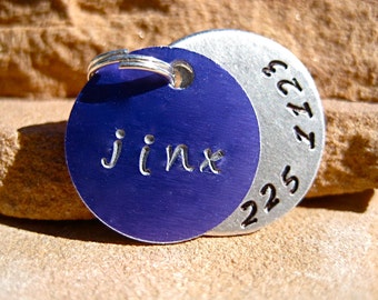 The Jinx (#009) - Unique Purple Handstamped Pet ID Tag Layered 2 Disc Small Dogs Cats