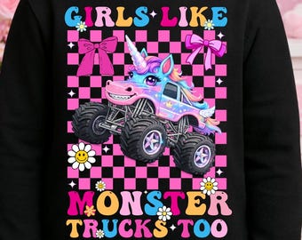 A las chicas también les gustan los Monster Trucks PNG, diseño de sublimación de Monster Truck de unicornio, camisa rosa a cuadros para chica coqueta