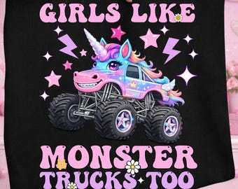 A las chicas también les gustan los Monster Trucks PNG, diseño de sublimación de Monster Truck de unicornio, gráfico de camiseta de Monster Truck para chicas