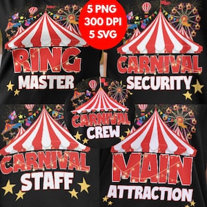 Może przedstawiać: Czarny wzór na koszulce z grafiką karnawałową. Projekt zawiera czerwono-białe paski namiotów cyrkowych, tekst taki jak "Ring Master", "Carnival Security" i "Main Attraction" oraz akcenty gwiazd. Czerwone koło wskazuje dostępność plików cyfrowych.