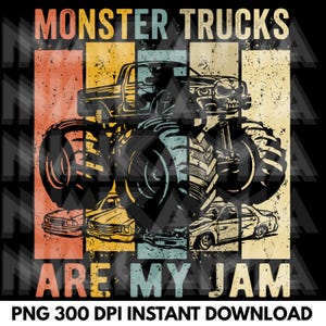 Puede incluir: Dise&ntilde;o gr&aacute;fico retro con un monster truck y el texto "MONSTER TRUCKS ARE MY JAM". El dise&ntilde;o utiliza una paleta de colores naranja, amarillo, azul y beige, con un efecto desgastado, sobre un fondo negro.