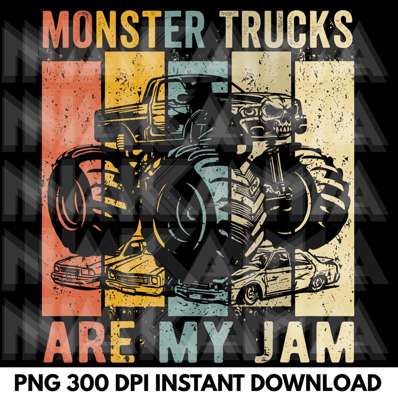 Puede incluir: Dise&ntilde;o gr&aacute;fico retro con un monster truck y el texto "MONSTER TRUCKS ARE MY JAM". El dise&ntilde;o utiliza una paleta de colores naranja, amarillo, azul y beige, con un efecto desgastado, sobre un fondo negro.