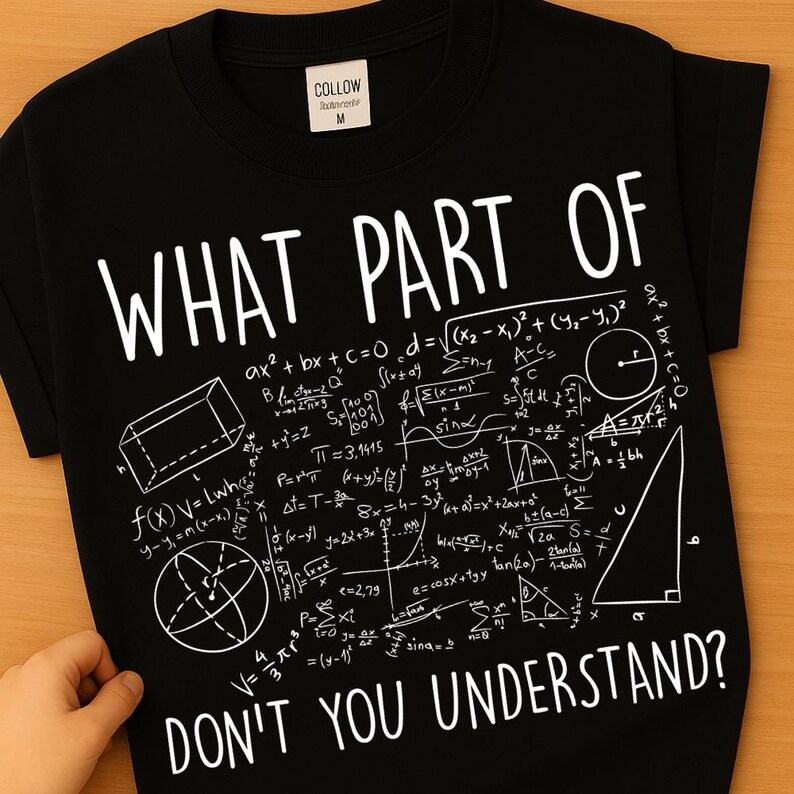 Peut inclure: T-shirt noir avec des &eacute;quations math&eacute;matiques blanches et le texte "WHAT PART OF DON'T YOU UNDERSTAND?". L'&eacute;tiquette indique "COLLOW M". Le v&ecirc;tement est de taille moyenne.
