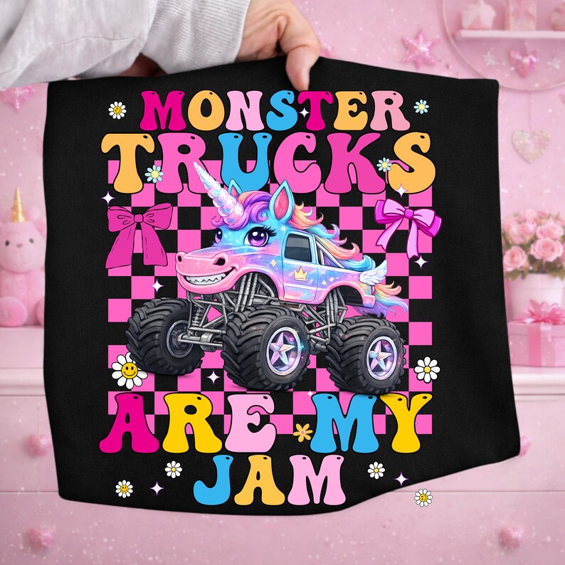 Girls Monster Trucks Are My Jam, Unicorn Monster Truck PNG, Cute Pink Checkered Truck Design, Kids Birthday Shirt Graphic image 2