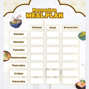 Puede incluir: Una plantilla de Plan de Comidas del Ramadán con un borde dorado decorativo y las palabras "Ramadan MEAL PLAN" en dorado. La plantilla incluye secciones para Suhoor, Iftar y Comestibles, con espacio para cada día de la semana. Se incluyen ilustraciones decorativas de alimentos.