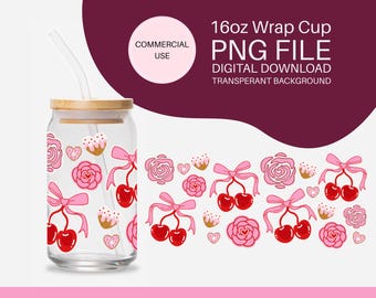 Fiocco di ciliegie Coquette per sublimazione / Confezione per lattina di vetro Libbey da 16 once / PNG per San Valentino / Design carino per bicchiere pastello da ragazza (download digitale)