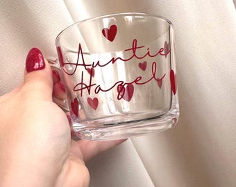 Personalised Auntie Coffee Mug, Cappuccino, Hot Chocolate Mug for gifts or a personal treat. 250ml family Hearts Glass