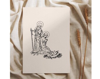 Minimalistiskt linjekonsttryck med julkrubba: Kristen jul med Jesusbarnet (digital nedladdning)