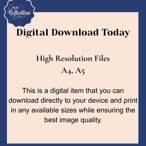 May include: Digital download graphic with text: "Digital Download Today," "High Resolution Files A4, A5." The image includes a logo and text describing the digital item's downloadable and printable features.