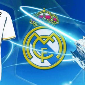 May include: White soccer jersey with black number 7 and the text "ANY NAME" and "ANY NUMBER". The jersey is set against a blue background with the Real Madrid logo, a stadium illustration, and a crown.