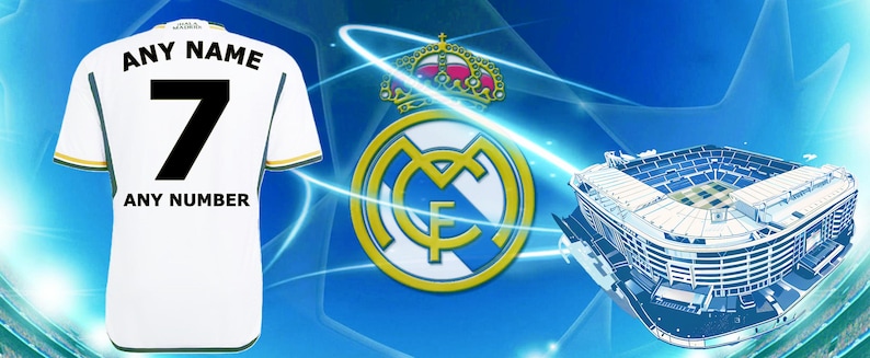 May include: White soccer jersey with black number 7 and the text "ANY NAME" and "ANY NUMBER". The jersey is set against a blue background with the Real Madrid logo, a stadium illustration, and a crown.