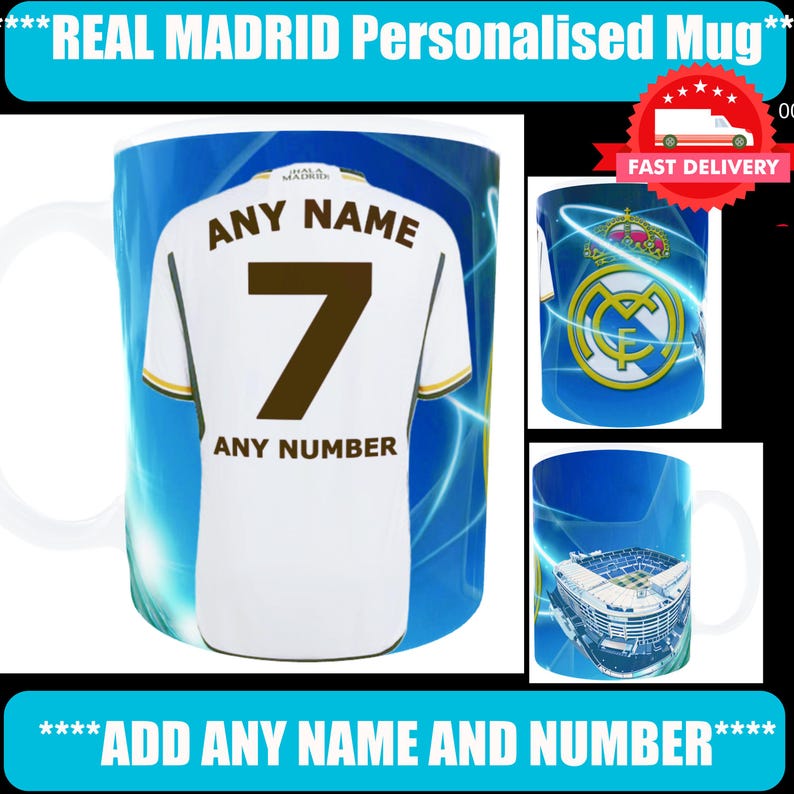 May include: A white Real Madrid mug with a personalized jersey design. The jersey features the number 7 and space for a name and number. The mug has a blue background with the text "REAL MADRID Personalised Mug" and "ADD ANY NAME AND NUMBER".