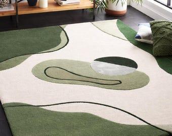 Tappeto astratto verde fatto a mano, tappeto botanico moderno
