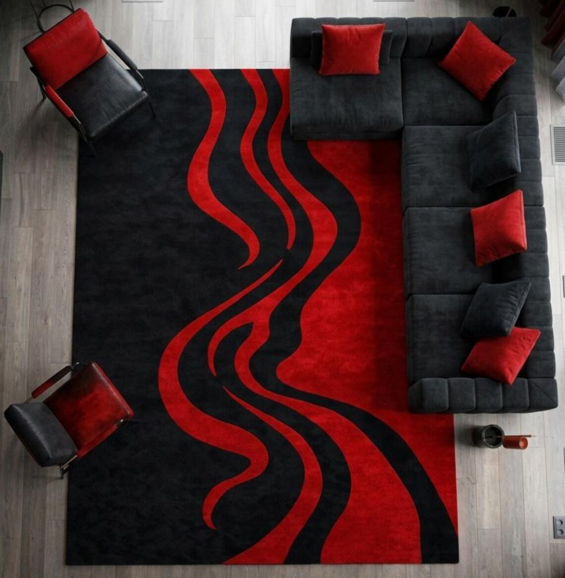 Abstract Red Black Wave Area Rug, Modern Minimalist Floor Carpet - Etsy