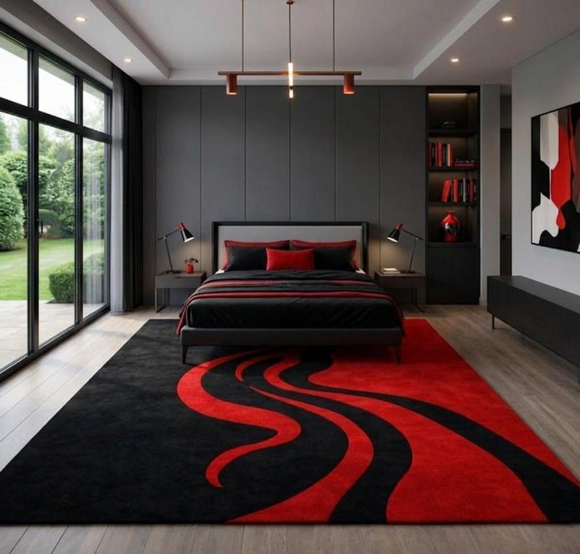 Abstract Red Black Wave Area Rug, Modern Minimalist Floor Carpet - Etsy