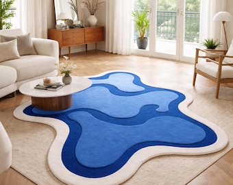Blue Abstract Area Rug, Handmade Organic Modern Carpet