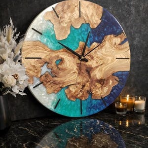 Reloj de pared de resina oceánica, reloj grande con olas de playa, decoración costera, reloj de arte epoxi, reloj de pared moderno de cuarzo silencioso, reloj silencioso.