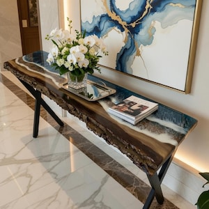 Tavolo da ingresso in legno fatto a mano, mobili in resina epossidica con bordo vivo, moderno divano rustico per l'ingresso