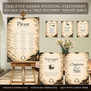 May include: A tabletop gamer wedding stationery bundle featuring editable signs and table templates with a parchment-style background, mountain illustrations, and dark borders. Includes a seating chart on an easel and various signs.