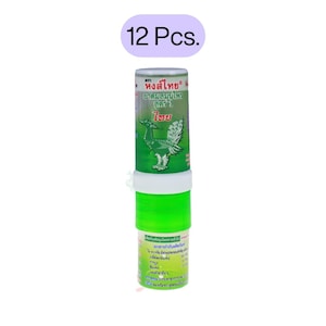 Puede incluir: Un producto cilíndrico verde y blanco con texto y una ilustración de un gallo. El producto está etiquetado como "12 Pcs." en un óvalo morado encima. El producto tiene una base verde y una parte superior blanca.