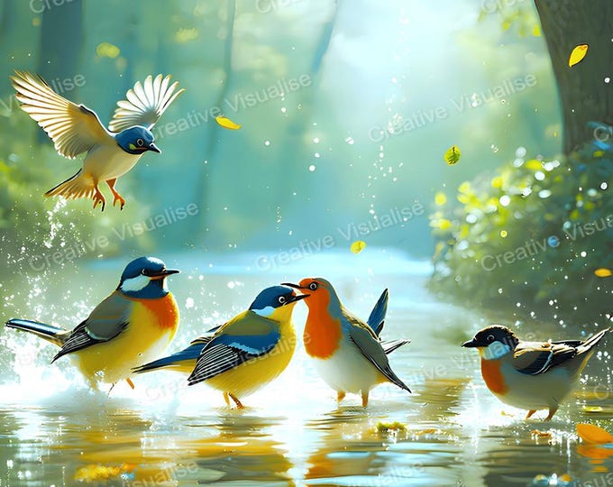 Bathing Birds in River Printable Wall Art, Digital PNG PDF 300 DPI
