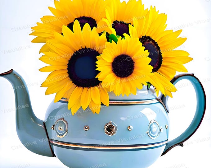 Sunflower Bouquet in Rustic Vintage Cyan Pot Printable Wall Art Farmhouse Home Decor