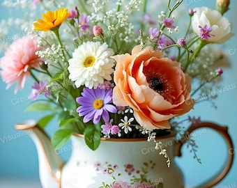 Rustic Colourful Flower Bouquet in Ceramic Pot Printable Wall Art Floral Table Home Decor
