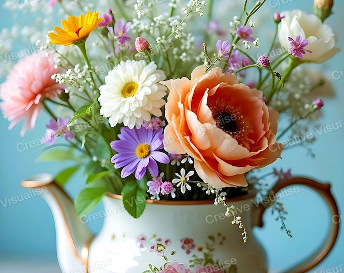 Rustic Colourful Flower Bouquet in Ceramic Pot Printable Wall Art Floral Table Home Decor