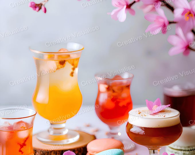 Colorful macarons, glassware set, cocktails and Fresh Juices on inspired floral table dessert scene