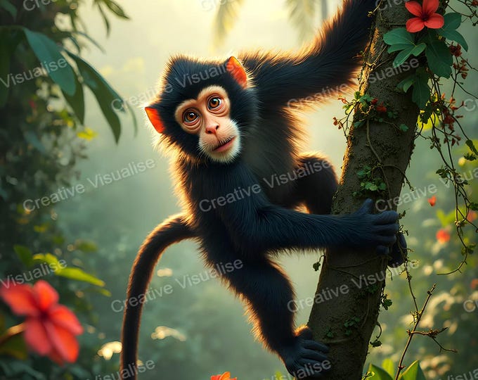 Funny Black Hairy Monkey Playing Among Trees and Flowers Forest Wildlife Art Print