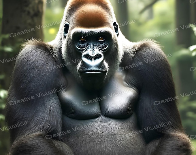 Gorilla Portrait in Forest Under Trees, Wildlife, Jungle Animal, Safari Nature Wall Art