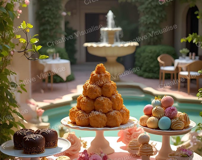 Colorful Cakes in Various Dishes Arranged on Stylish Garden Table Beside Pond for Ceremony