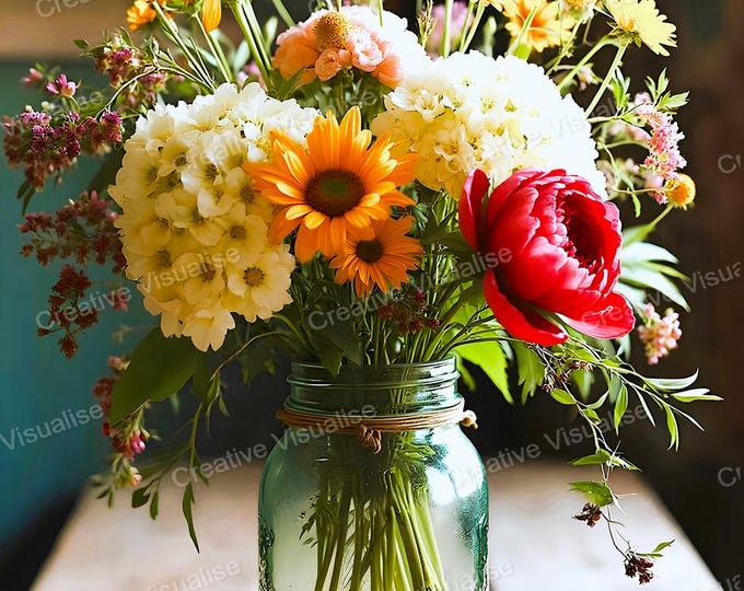 Rustic Colourful Flower Bouquet in Glass Jar Printable Wall Art Vintage Table Decor